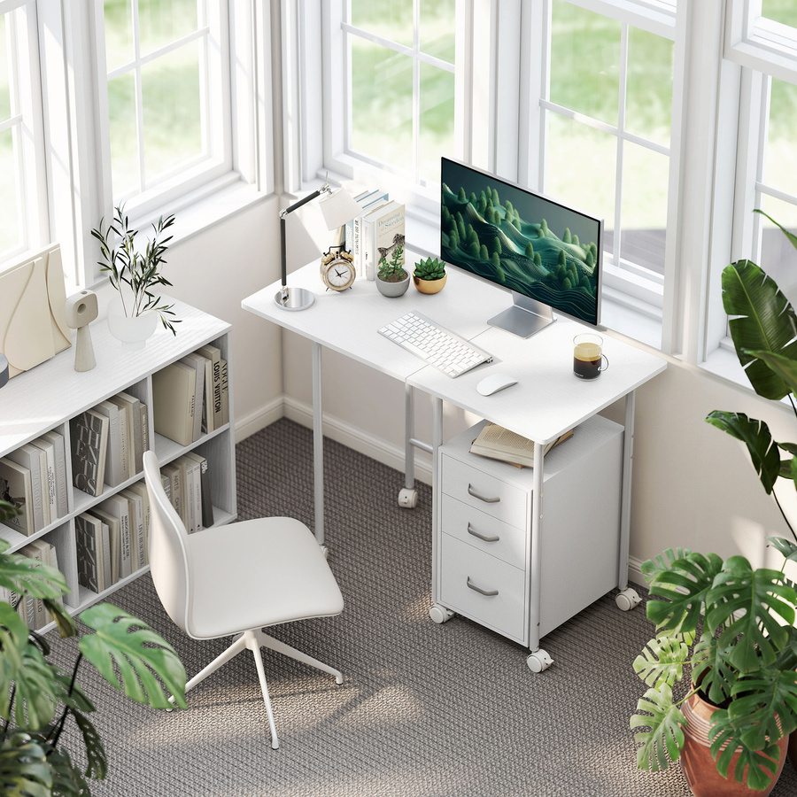 HOMCOM Klappbarer Computertisch mit Rollen und 3 Schubladen in Weiß, erweiterbare Plattform mit Stahlrahmen, B: 105 cm, T: 51 cm, H: 75,5 cm - Bild 2