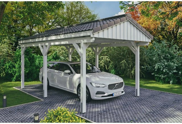 Skan Holz Carport Fichtelberg aus Fichten-Leimholz in Weiß mit spitzer Dachform, B/T: 317 x 566 cm, Höhe: 303 cm - Bild 1