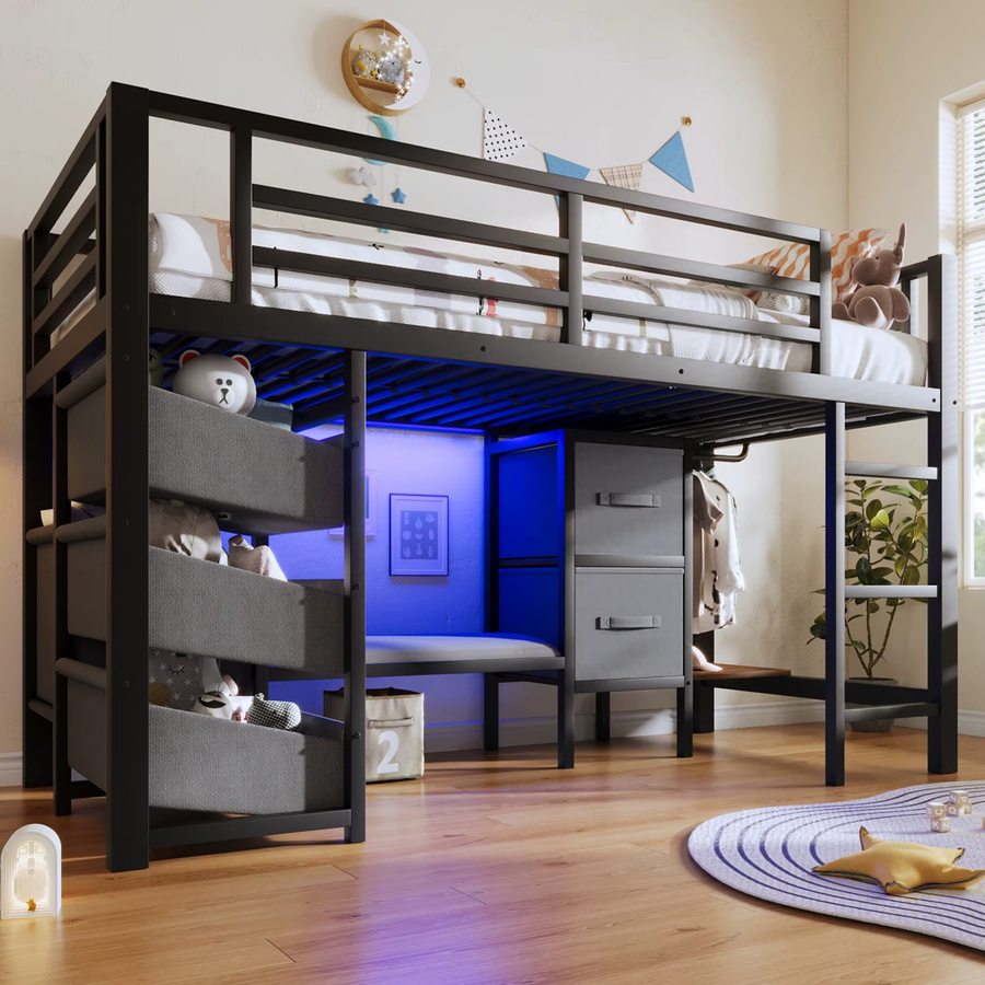 Rbefeuly Modernes Hochbett für Kinder mit LED-Beleuchtung, Stoff-Aufbewahrungsschubladen und Kleiderhaken, Schwarz, B/T: 90 x 200 cm - Bild 2