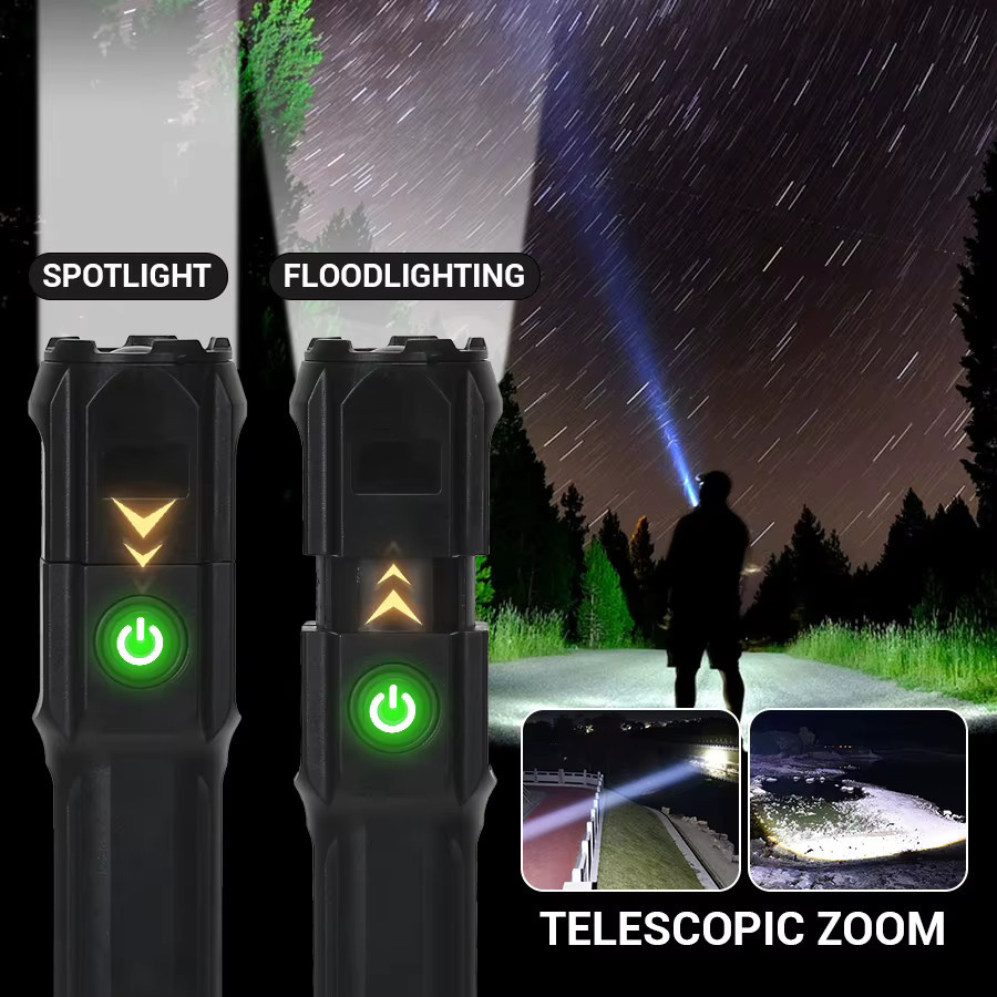 Heinast LED Camping Taschenlampe in Schwarz, wiederaufladbarer USB-Scheinwerfer mit Teleskop-Zoom und wasserdichter Aluminium-Bauweise - Bild 2