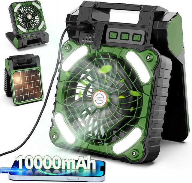 WAAJEA Solar Camping-LED-Laterne mit integriertem Ventilator, 10000mAh Akku, 4 Geschwindigkeiten und 90 Grad Faltung, Schwarz - Bild 1