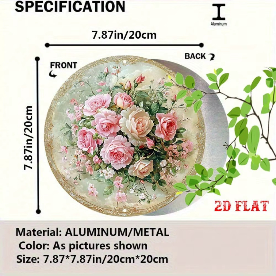 CIFBUY Vintage Rundes Metallschild mit rosa Rosen und Goldumrandung, Wandkunst mit floralem Design, Durchmesser: 20 cm - Bild 5