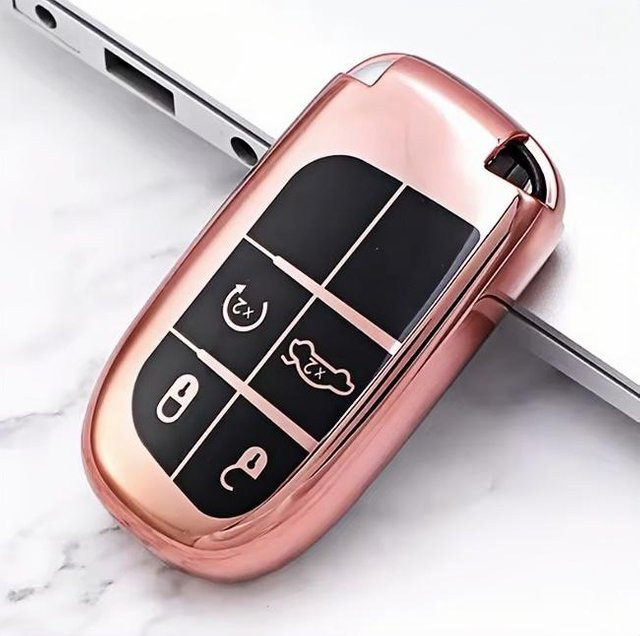 TPU Fernbedienung Schlüsselhülle für Jeep Grand Cherokee Renegade Dodge Charger Challenger Durango Journey und Fiat Freemont, 4 Buttons, Rosa - Bild 1