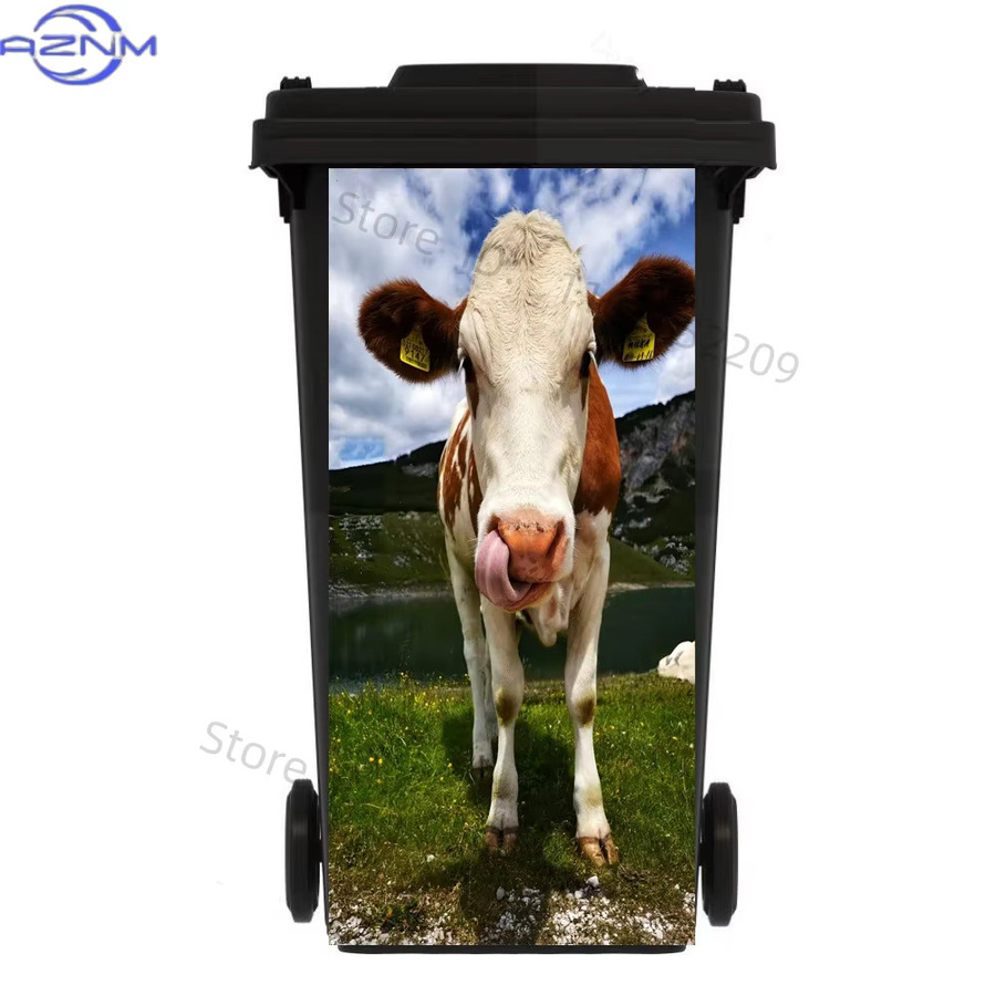 Wasserdichter PVC-Aufkleber mit Rinder-Motiv und grünen Pflanzenblättern in Grün und Multicolour für die DIY-Gestaltung von Mülleimern im Außenbereich - Bild 2
