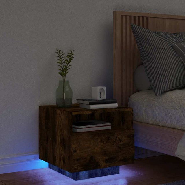 VIDAXL Nachttisch mit integrierter LED-Beleuchtung aus geräuchertem Eichenholz in Braun, B/T/H: 40 x 39 x 37 cm - Bild 1