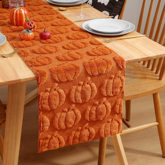 VIKAMA Halloween Tischläufer aus Leinen mit Kürbis- und Geist-Motiv in Braun und Orange, B/H: 33 x 93 cm - Bild 1