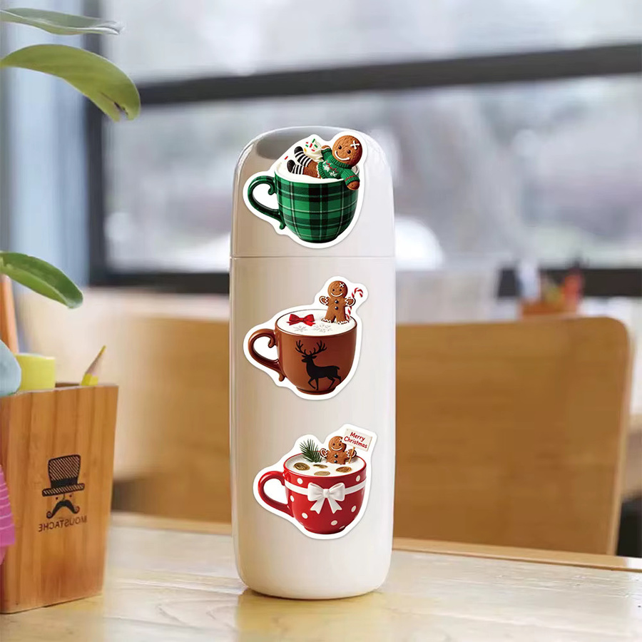 50 Stück Weihnachten Kaffee Cartoon Aufkleber Set, wasserfeste DIY Dekoration für Laptop, Telefon und Computer, Mehrfarbig - Bild 4