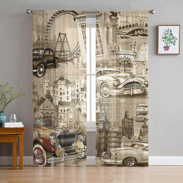 Yiran Furniture Vintage Motorrad Tüllvorhang Transparent mit Ösen, Breite: 135 cm, Höhe: 115 cm - Bild 1