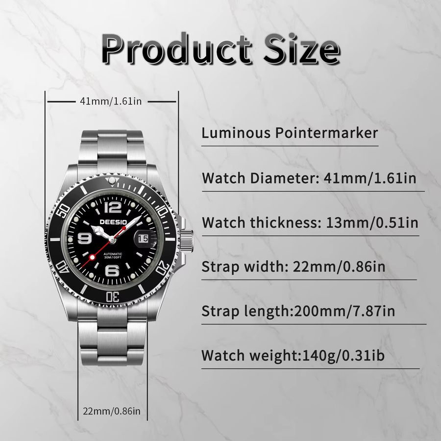 Deesio Armbanduhr Herren, Automatik, Edelstahl, Keramiklünette, Silber - Bild 6