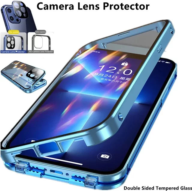 Magnetische Huawei Handyhülle mit Metallrahmen und doppelseitigem Glas für Kameraobjektivabdeckung in Schwarz oder Blau - Bild 1
