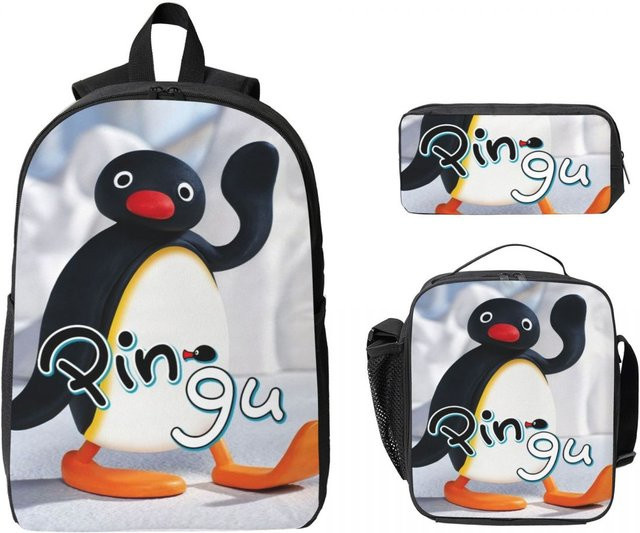 3er Set Pingus Cartoon Pinguin Schultaschen-Set für Kinder mit Rucksack, Federmäppchen und Brotdose in Weiß von Fancy Style Studio - Bild 1