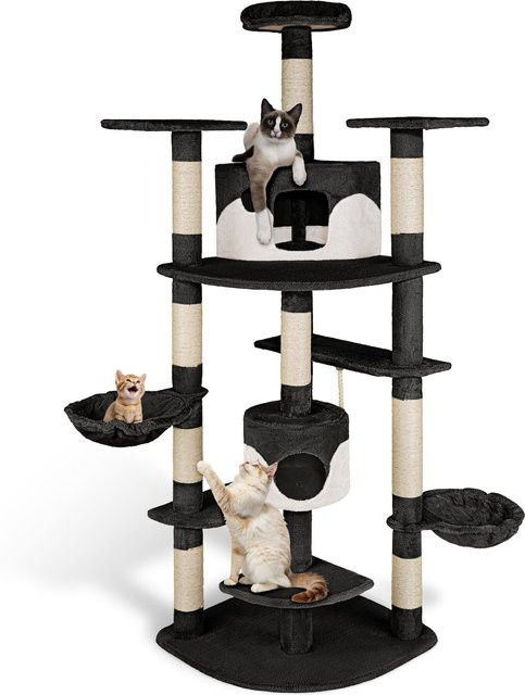 tectake Kratzbaum Fippi mit 2 Katzenhäusern und integriertem Spielzeug, Schwarz Weiß, B/T/H: 140 x 68 x 201 cm - Bild 1