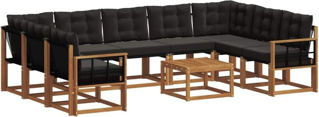 vidaXL Outdoor-Sofagarnitur in L-Form aus Akazienholz mit Kissen und Couchtisch, Braun und Schwarz - Bild 1