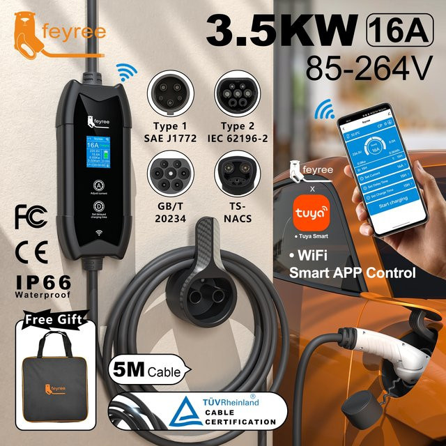 Feyree Typ2 EV-Ladegerät mit WLAN-App-Steuerung, 16A 3,5KW GBT, 5M Kabel, Tragbare Ladebox für Elektroautos in Schwarz - Bild 1