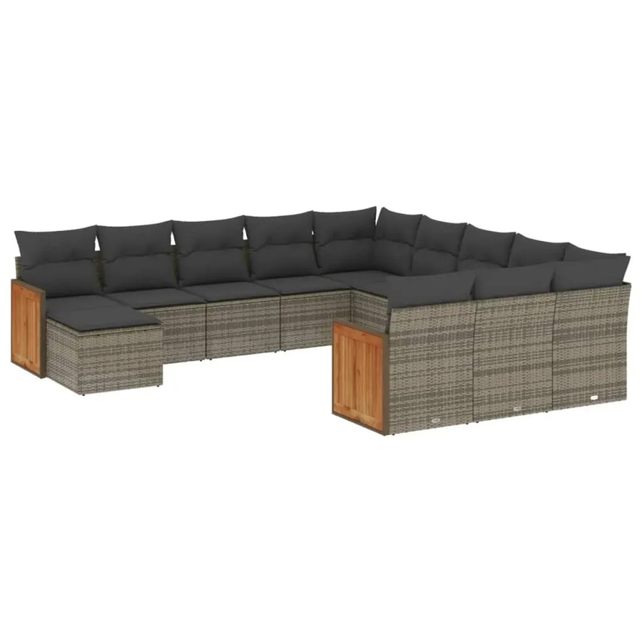 vidaXL 12-tlg. Garten-Sofagarnitur L-Form aus Poly-Rattan und Akazienholz in Grau mit Kissen und Armlehnen - Bild 2
