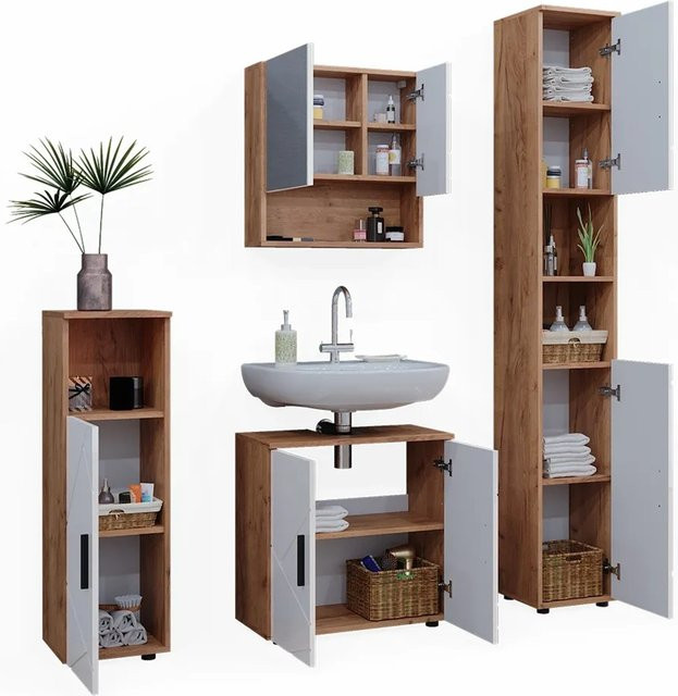 Vicco Badmöbelset Irma in Eiche und Weiß Hochglanz, modernes 4-teiliges Badezimmer-Set mit Spiegelschrank, Midischrank und Hochschrank - Bild 2