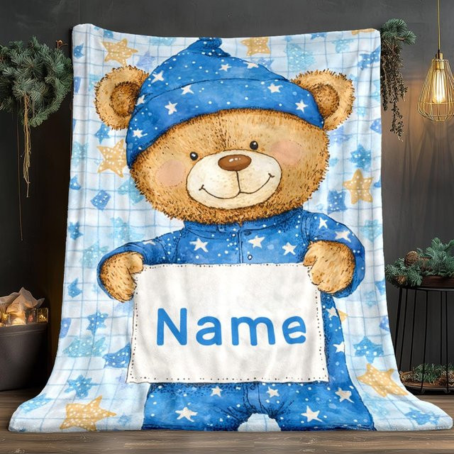 Personalisierte blaue Bären Decke für Kinder mit Namen und Sternen aus weichem Coral Fleece, B/B: 70 x 100 cm - Bild 1