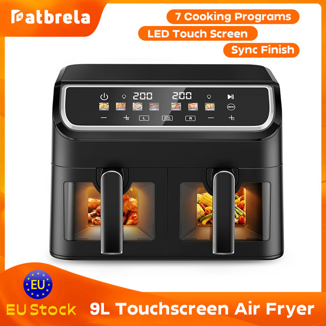 Patbrela XXL Dual-Heißluftfritteuse mit 9L Volumen, 2000W, Schwarz, zwei Körbe mit SYNC Match Cook und LED-Farbdisplay - Bild 1