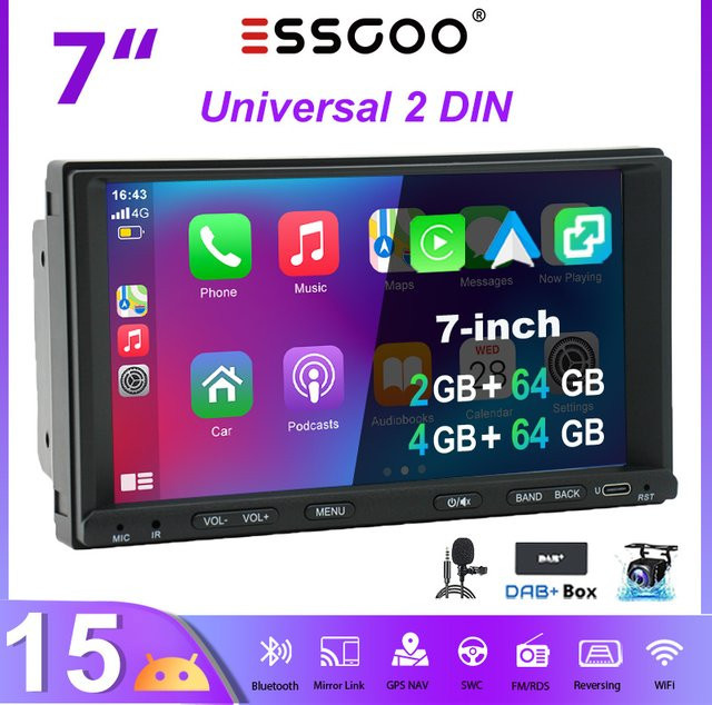 ESSGOO Android 15 Autoradio mit 7 Zoll Touchscreen, 2 DIN, Schwarz, kabelloses CarPlay und Android Auto, GPS, WLAN, Bluetooth, USB Typ-C und Lenkradsteuerung - Bild 1