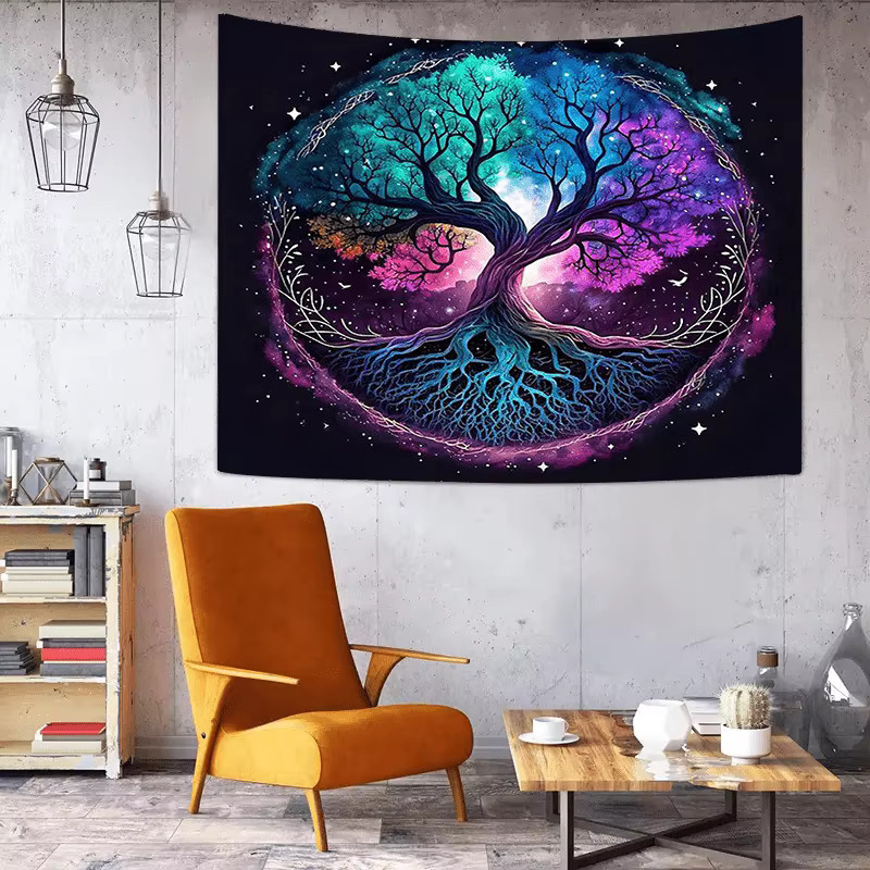 VIKAMA Wandteppich Baum des Lebens mit Sternenhimmel und Nebel im nordischen Stil, Mehrfarbig, B/H: 75 x 58 cm - Bild 4