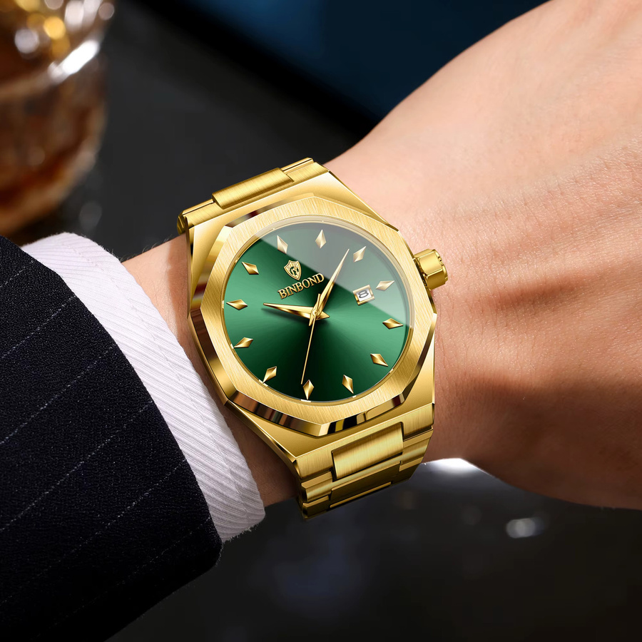 BINBOND Armbanduhr Quarz, Edelstahl, Gold, Grün, Herren - Bild 3