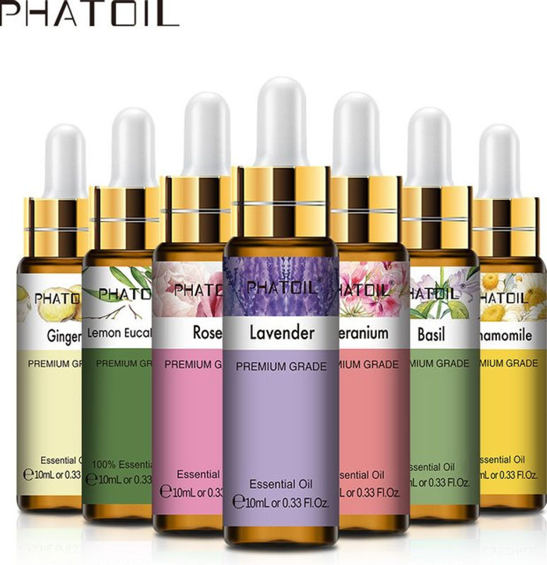 PHATOIL Set aus natürlichen ätherischen Ölen mit Lavendel, Jasmin, Vanille, Zitrone und Eukalyptus für Diffusoren, Seifen und Kerzen, 8 x 10 ml Glasflaschen, mehrfarbig - Bild 1