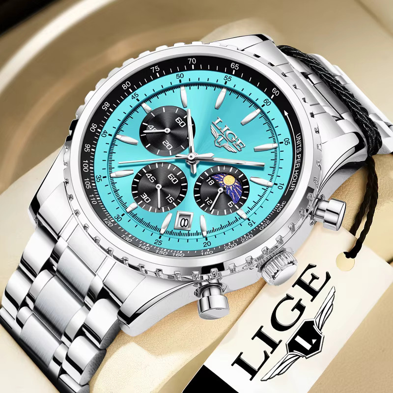 LIGE Chronograph Armbanduhr, Edelstahl, Quarz, Blau, Herren - Bild 6