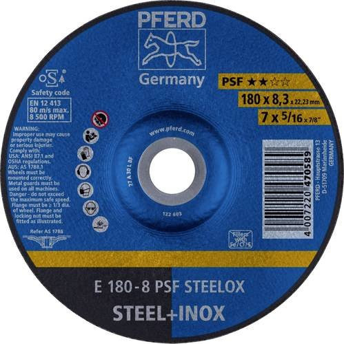 PFERD Schruppscheibe PSF STEELOX Universallinie für Stahl und Edelstahl, Farbe Blau, Durchmesser: 180 mm, Breite: 8,3 mm, Bohrung: 22,23 mm - Bild 1
