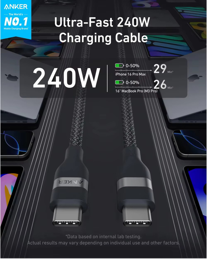 Anker USB-C zu USB-C Kabel in Weiß mit 240W Schnellladefunktion und recyceltem Geflecht - Bild 2