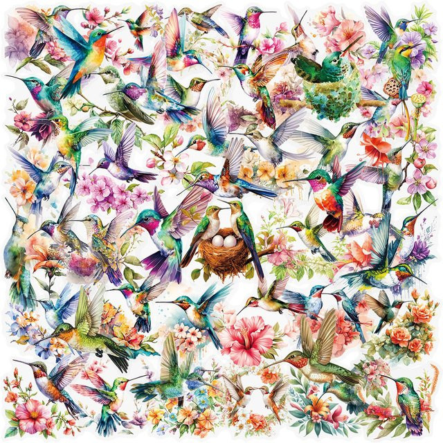 50 Stück transparente PET-Aufkleber mit Aquarell-Kolibris von RecordingYourLife Store, wasserfeste Dekoration für Telefon, Gepäck und iPad, Multicolor - Bild 1