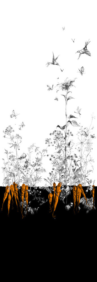 Edmond Petit Tapete Tournesol droit aus Vlies in Schwarz und Orange mit floralem Design - Bild 1