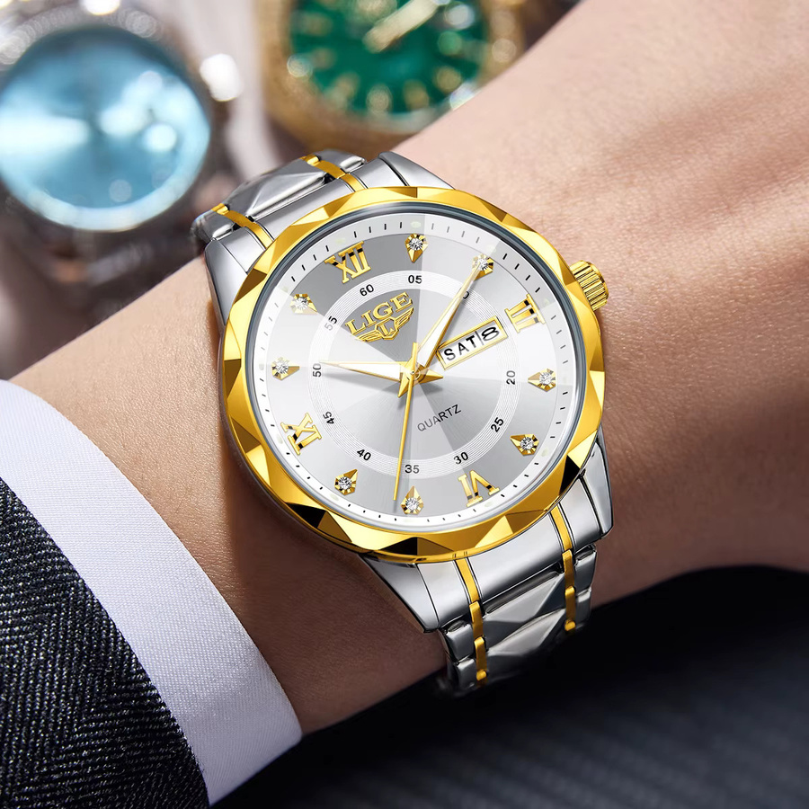 LIGE Armbanduhr Edelstahl, Quarz, Silber, Herren, Datum, Wochentag - Bild 5