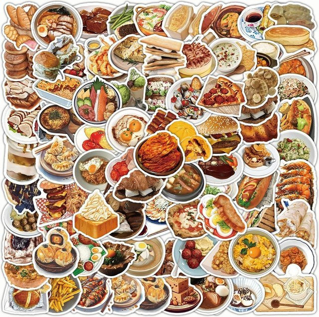 100 Stück realistische Lebensmittel-Aufkleber in Multicolour für Kühlschrank, Lunchbox und Notizbuch von RecordingYourLife Store - Bild 1