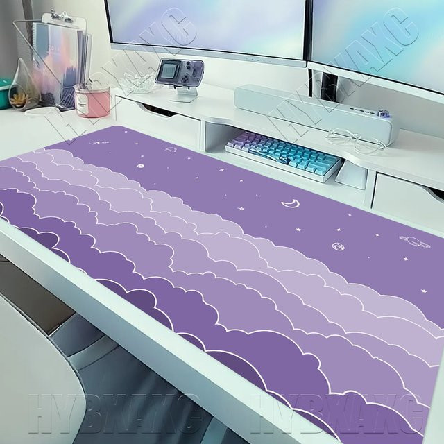 HYBXAXC Schreibtischunterlage Süße Wolken in Lila und Grau, Großes Kawaii Mauspad im Pastell-Himmel-Design, XXL Gaming Schreibtischunterlage für Tastatur und Maus - Bild 1