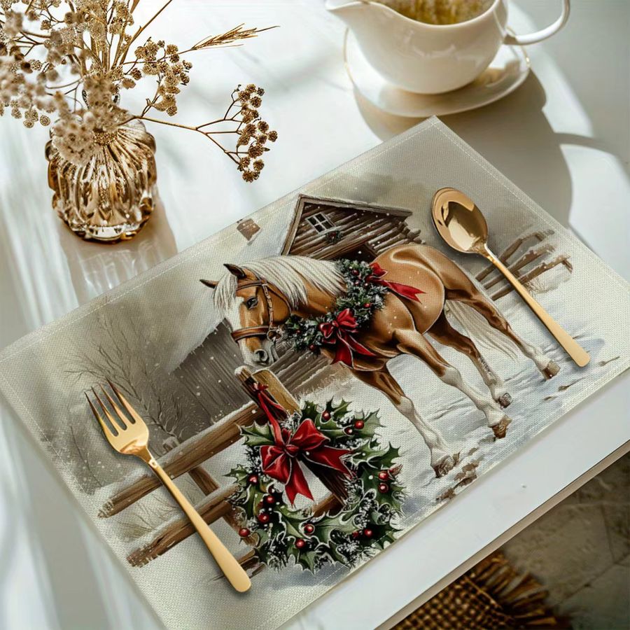 VIKAMA 4-teiliges Tischset mit Weihnachts-Pferde-Aufdruck, rutschfeste Tischmatte für die Weihnachtsdekoration - Bild 2