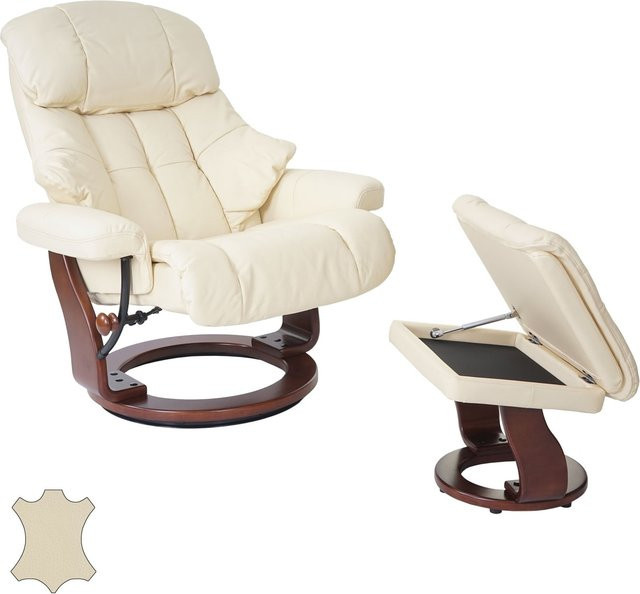 MCA Relaxsessel Windsor XXL mit gepolstertem Fußhocker aus Echtleder in Creme und Walnuss-Optik - Bild 1
