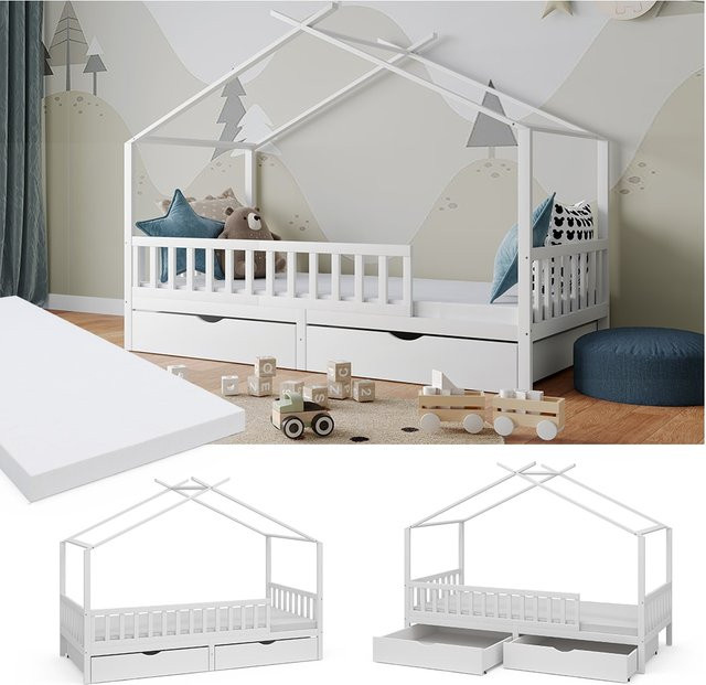 Vitalispa Kinderbett Franka Bettenhaus Einzelbett in Weiß mit Bettschublade und Rausfallschutz B/T: 90 x 200 cm - Bild 1