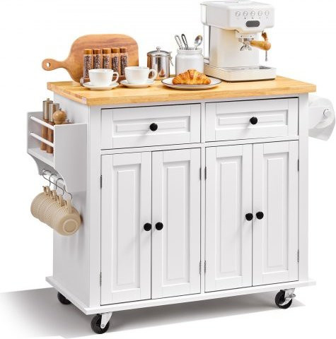 VEVOR Kücheninsel Rollwagen mit Massivholzplatte in Weiß, Küchenwagen mit Schubladen, Gewürzregal und Handtuchhalter, B/T/H: 110,0 x 45,0 x 82,5 cm - Bild 1
