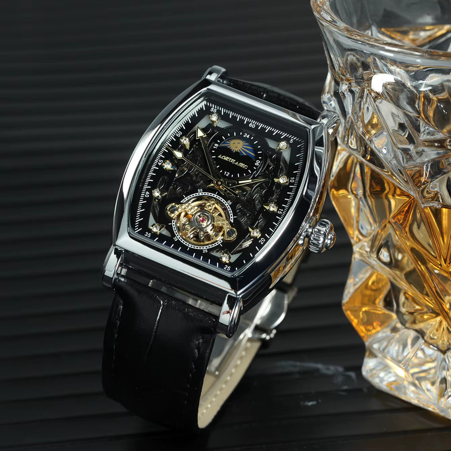 T-WINNER Armbanduhr Automatik, Tonneau, Edelstahl, Silber, Leder, Herren - Bild 2