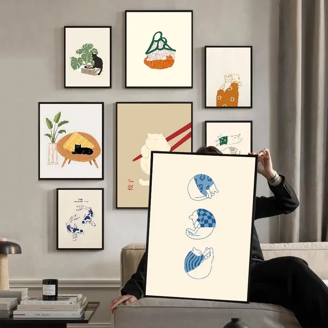 Abstraktes Anime-Poster mit lustiger Katzenillustration als Wandkunst in Mehrfarben - Bild 1