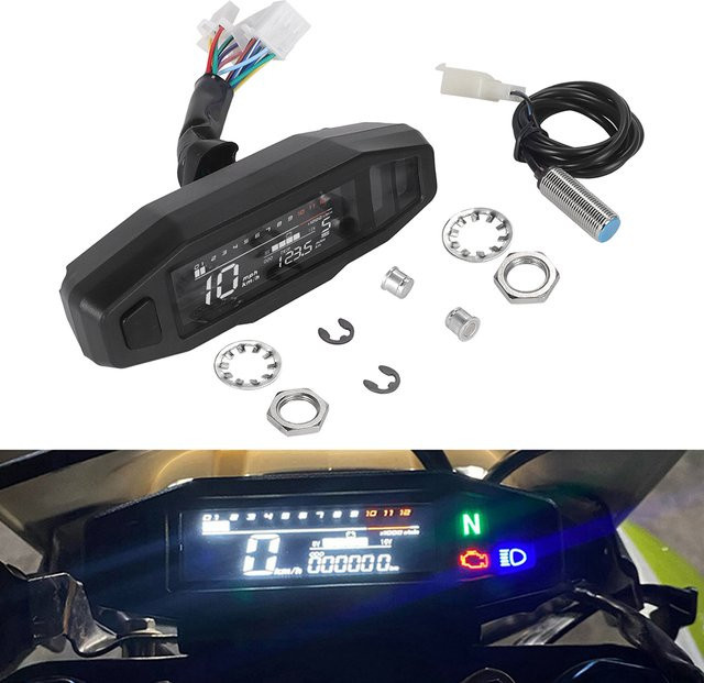 JNYD Universal LED Digital Tachometer für Motorräder, Wasserdichter Kilometerzähler mit Km/h und MPH Anzeige in Schwarz - Bild 1