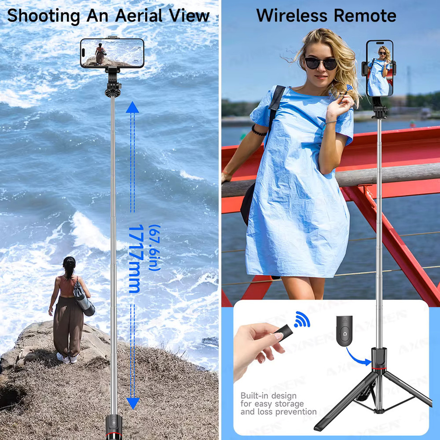 AXNEN F15 68-Zoll Selfie Stick Stativ mit Bluetooth Wireless Fernbedienung und verstellbarer Handyhalterung für iPhone und Android in Schwarz - Bild 4