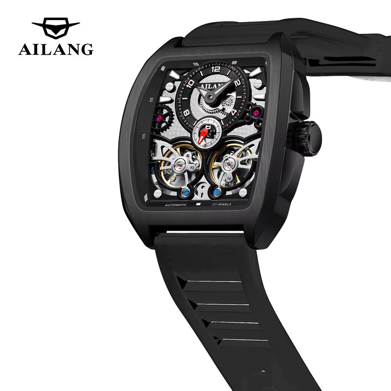 AILANG Armbanduhr, Mechanisch, Doppel Tourbillon, Silikon, Herren, Schwarz - Bild 2