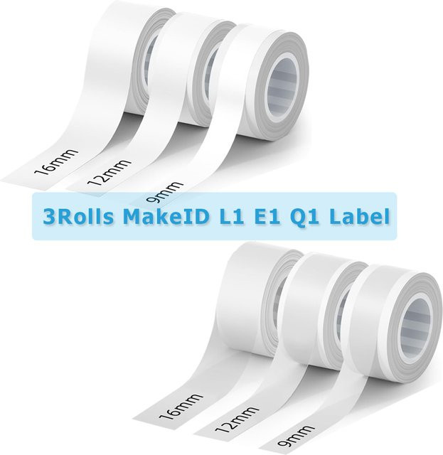 MakeID Etikettenrollen Set für L1 E1 Q1 Etikettendrucker, 3 Rollen in Weiß und Transparent, 9 mm, 12 mm, 16 mm, jeweils 4 Meter, laminierte Büroaufkleber - Bild 1