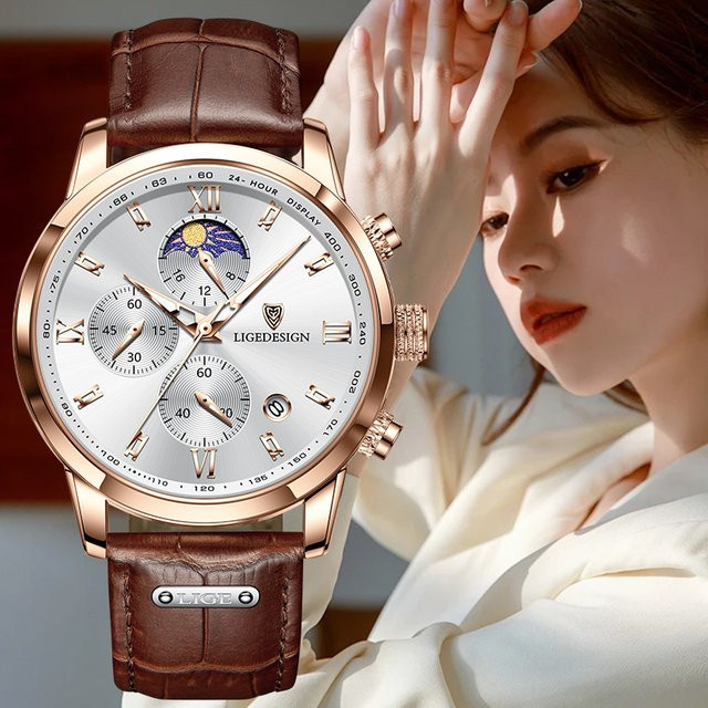 LIGE Armbanduhr Damen, Quarz, Leder, Roségold, Mondphase - Bild 1
