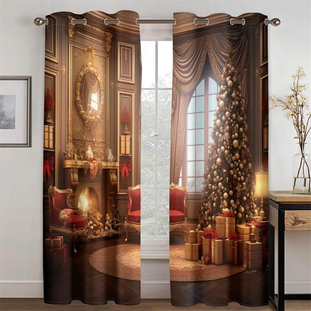 Deluxe Scene Decor Weihnachten Vorhänge mit Weihnachtsbaum-Elementen, 2er-Set, mehrfarbig, B: 50 cm, H: 130 cm - Bild 1