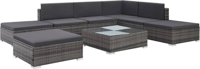 vidaXL 8-teiliges Garten-Lounge-Set in L-Form aus grauem Poly-Rattan mit Kissen und Glastisch - Bild 1