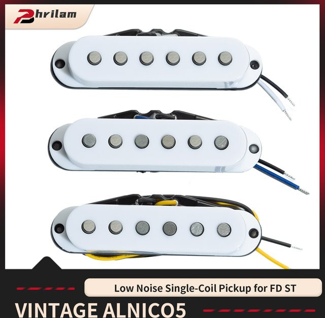 Phrilam 3-teiliges Alnico 5 Single-Coil-Gitarren-Tonabnehmer-Set für Hals, Mitte und Brücke mit Flachpol für Fd St Gitarre, Weiß - Bild 1
