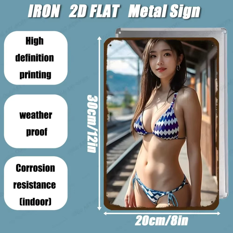 Retro-Metallschild CIFBUY Bikini-Mädchen am Bahnhof Vintage Blechposter Wanddekoration Mehrfarbig - Bild 3