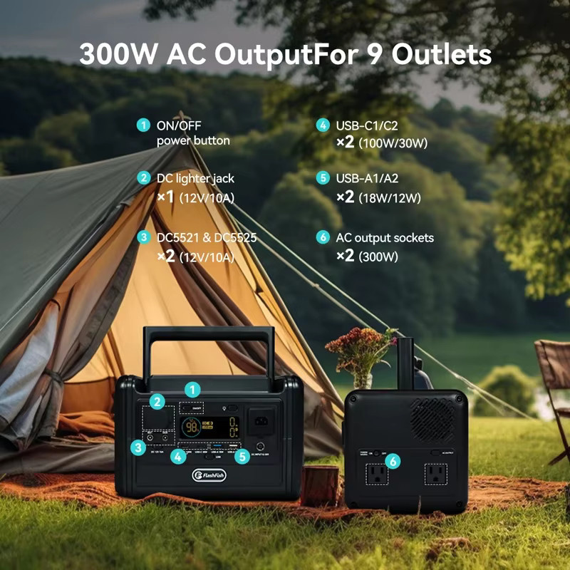 FlashFish T300PRO Tragbare Powerstation 300W mit 230Wh LiFePO4-Batterie in Schwarz - Bild 5